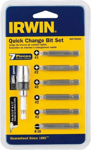 Irwin - 7 Piece, 1/4" Drive Screwdriver Drive Guide Set - #1 to #2 Phillips, 0.05 to 1/4" Hex, 1.27 to 10mm Hex, #1 & #2 Square Recess - Americas Industrial Supply