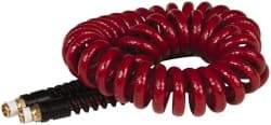 PRO-SOURCE - 1/4" ID, 1/4 Thread, 15' Long, Red Polyurethane Coiled & Self Storing Hose - 220 Max psi, Male Swivel x Male Swivel - Americas Industrial Supply