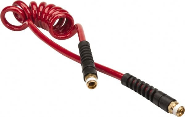 PRO-SOURCE - 5/16" ID, 3/8 Thread, 5' Long, Red Polyurethane Coiled & Self Storing Hose - 185 Max psi, Male Swivel x Male Swivel - Americas Industrial Supply