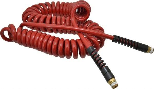 PRO-SOURCE - 5/16" ID, 3/8 Thread, 25' Long, Red Polyurethane Coiled & Self Storing Hose - 185 Max psi, Male Swivel x Male Swivel - Americas Industrial Supply