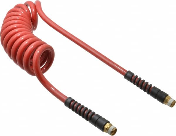PRO-SOURCE - 3/8" ID, 3/8 Thread, 10' Long, Red Polyurethane Coiled & Self Storing Hose - 200 Max psi, Male Swivel x Male Swivel - Americas Industrial Supply