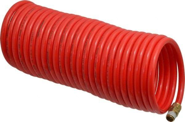 PRO-SOURCE - 1/4" ID, 1/4 Thread, 25' Long, Red Nylon Coiled & Self Storing Hose - 350 Max psi, Male Swivel x Male Swivel - Americas Industrial Supply