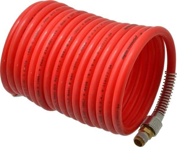PRO-SOURCE - 5/16" ID, 1/4 Thread, 17' Long, Red Nylon Coiled & Self Storing Hose - 213 Max psi, Male Swivel x Male Swivel - Americas Industrial Supply