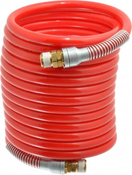 PRO-SOURCE - 3/8" ID, 3/8 Thread, 17' Long, Red Nylon Coiled & Self Storing Hose - 225 Max psi, Male Swivel x Male Swivel - Americas Industrial Supply
