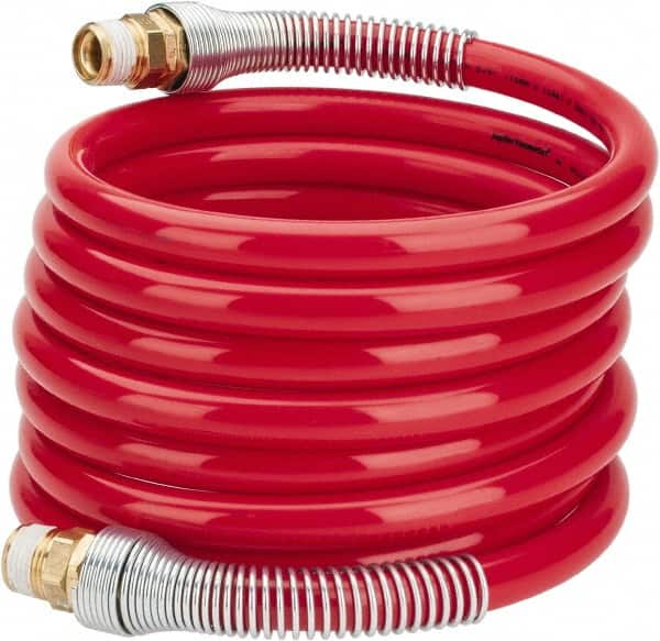 PRO-SOURCE - 1/2" ID, 1/2 Thread, 12' Long, Red Nylon Coiled & Self Storing Hose - 220 Max psi, Male Swivel x Male Swivel - Americas Industrial Supply