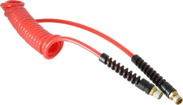 PRO-SOURCE - 3/16" ID, 1/4 Thread, 10' Long, Red Polyurethane Coiled & Self Storing Hose - 147 Max psi, Male Swivel x Male Swivel - Americas Industrial Supply