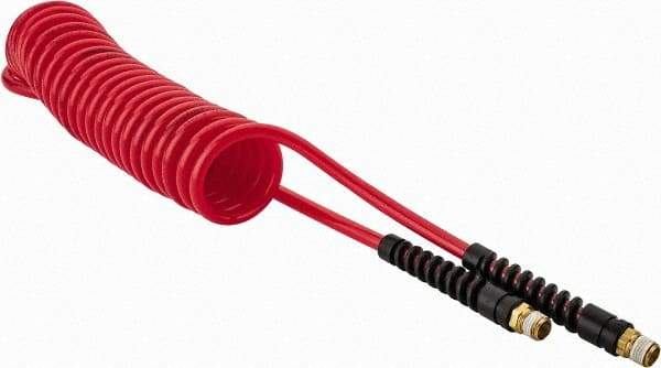 PRO-SOURCE - 1/4" ID, 1/4 Thread, 15' Long, Red Polyurethane Coiled & Self Storing Hose - 147 Max psi, Male Swivel x Male Swivel - Americas Industrial Supply
