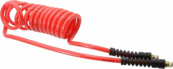 PRO-SOURCE - 5/16" ID, 1/4 Thread, 10' Long, Red Polyurethane Coiled & Self Storing Hose - 120 Max psi, Male Swivel x Male Swivel - Americas Industrial Supply