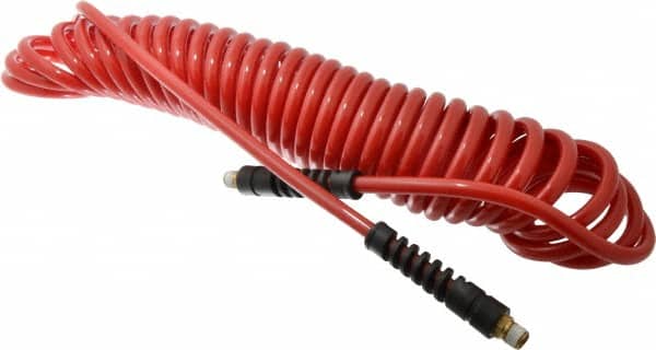 PRO-SOURCE - 5/16" ID, 1/4 Thread, 25' Long, Red Polyurethane Coiled & Self Storing Hose - 120 Max psi, Male Swivel x Male Swivel - Americas Industrial Supply