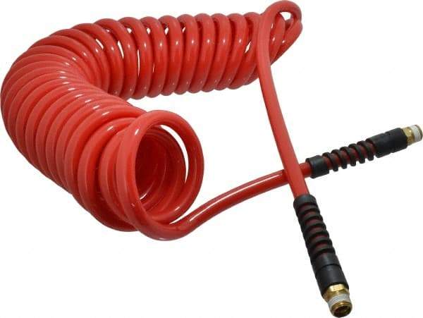 PRO-SOURCE - 3/8" ID, 3/8 Thread, 25' Long, Red Polyurethane Coiled & Self Storing Hose - 133 Max psi, Male Swivel x Male Swivel - Americas Industrial Supply
