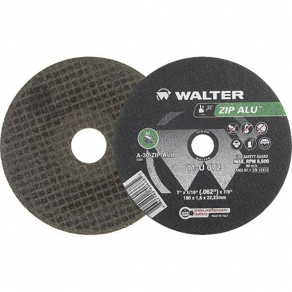WALTER Surface Technologies - 7" 30 Grit Aluminum Oxide Cutoff Wheel - 1/16" Thick, 7/8" Arbor, 8,600 Max RPM, Use with Angle Grinders - Americas Industrial Supply