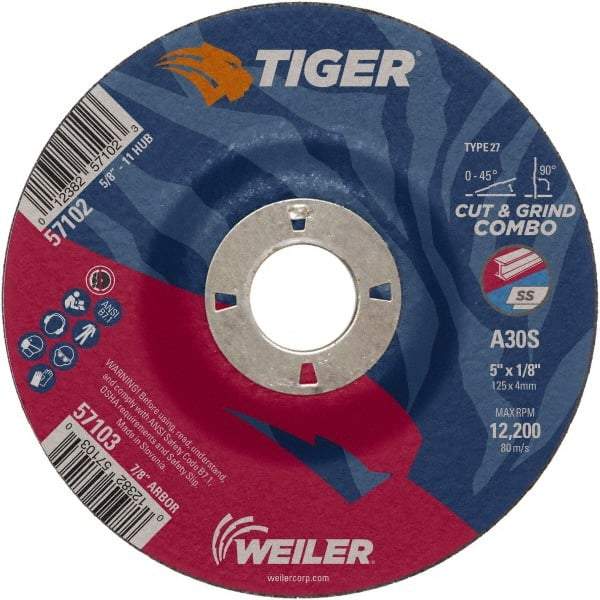 Weiler - 30 Grit, 5" Wheel Diam, 1/8" Wheel Thickness, 7/8" Arbor Hole, Type 27 Depressed Center Wheel - Medium Grade, Aluminum Oxide, Resinoid Bond, S Hardness, 12,200 Max RPM - Americas Industrial Supply