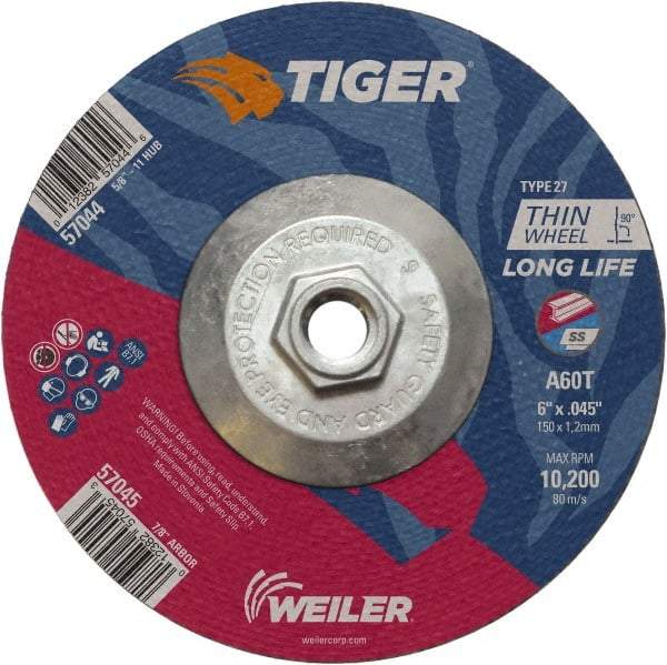 Weiler - 60 Grit, 6" Wheel Diam, Type 27 Depressed Center Wheel - Medium Grade, Aluminum Oxide, Resinoid Bond, T Hardness, 10,200 Max RPM - Americas Industrial Supply