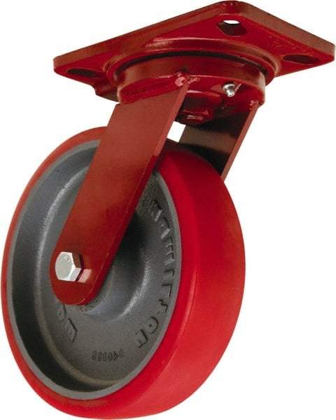 Hamilton - 8" Diam x 2" Wide x 9-3/4" OAH Top Plate Mount Swivel Caster - Polyurethane Mold onto Cast Iron Center, 1,800 Lb Capacity, Sealed Precision Ball Bearing, 4-1/2 x 6-1/2" Plate - Americas Industrial Supply