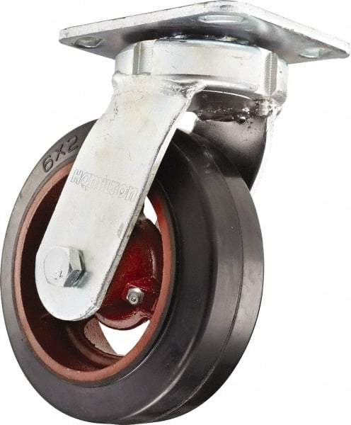 Hamilton - 6" Diam x 2" Wide x 7-1/2" OAH Top Plate Mount Swivel Caster - Rubber Mold on Cast Iron, Straight Roller Bearing, 4 x 4-1/2" Plate - Americas Industrial Supply