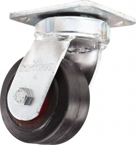 Hamilton - 4" Diam x 2" Wide x 5-5/8" OAH Top Plate Mount Swivel Caster - Rubber Mold on Cast Iron, Straight Roller Bearing, 4 x 4-1/2" Plate - Americas Industrial Supply
