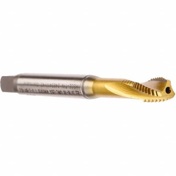 Emuge - M10x1.25 Metric Fine 3 Flute 6HX Modified Bottoming Spiral Flute Tap - Cobalt, TiN Finish, 100mm OAL, Right Hand Flute, Right Hand Thread, Series Rekord D - Americas Industrial Supply