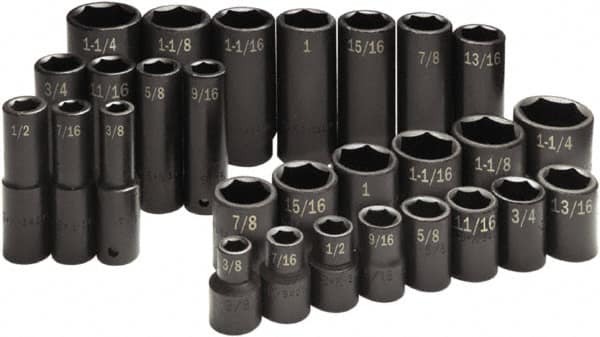SK - 28 Piece 1/2" Drive Standard Deep Impact Socket Set - 6 Points, 3/8 to 1-1/4", Inch Measurement Standard - Americas Industrial Supply