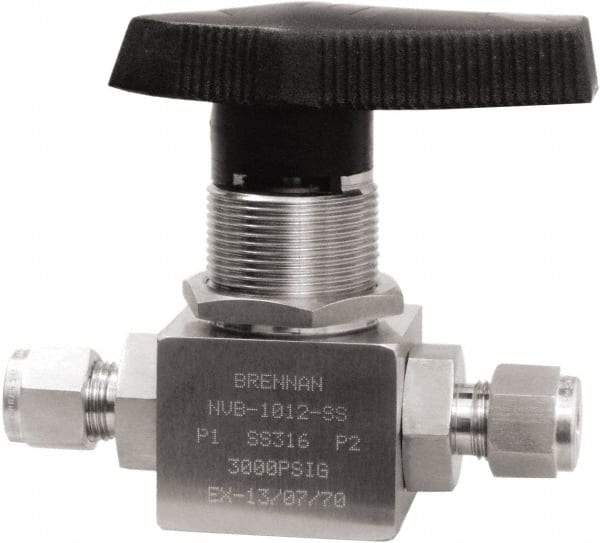 Brennan - 3/8" Pipe, Tube End Connections, Stainless Steel, Inline, Two Way Flow, Instrumentation Ball Valve - 3,000 psi WOG Rating, Nylon Handle, PTFE Seal, PFA Seat, Swaglok SS-44S6 - Americas Industrial Supply