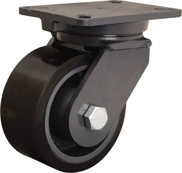 Hamilton - 6" Diam x 3" Wide x 8" OAH Top Plate Mount Swivel Caster - Polyurethane Mold onto Cast Iron Center, 2,860 Lb Capacity, Tapered Roller Bearing, 5-1/4 x 7-1/4" Plate - Americas Industrial Supply
