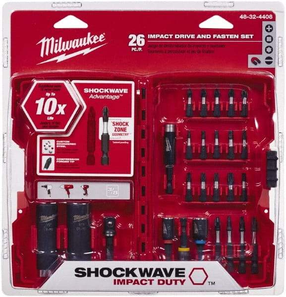 Milwaukee Tool - 26 Piece, Screwdriver Power Bit Set - #1 to #3 Phillips, 1/4 to 9/16" Hex, T20 to T30 Torx - Americas Industrial Supply