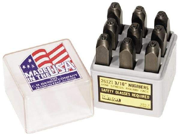 C.H. Hanson - 9 Piece, 3/16" Character Steel Stamp Set - Figures, Low Stress Round Face Full - Americas Industrial Supply