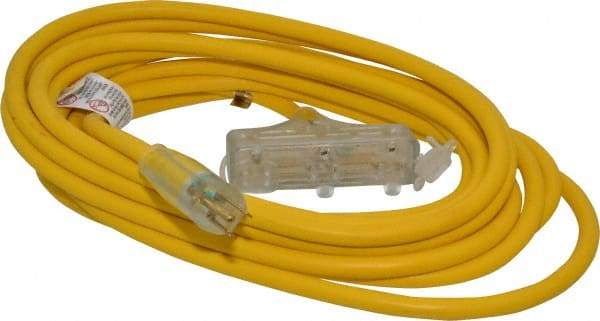Southwire - 25', 12/3 Gauge/Conductors, Yellow Indoor & Outdoor Extension Cord - 1 Receptacle, 15 Amps, 125 VAC, UL SJTW-A, NEMA 5-15P, 5-15R x 3 - Americas Industrial Supply