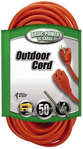 Southwire - 50', 16/3 Gauge/Conductors, Orange Indoor & Outdoor Extension Cord - 1 Receptacle, 13 Amps, 125 VAC, UL SJTW, NEMA 5-15P, 5-15R - Americas Industrial Supply
