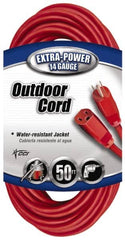 Southwire - 50', 14/3 Gauge/Conductors, Red Indoor & Outdoor Extension Cord - 1 Receptacle, 15 Amps, 125 VAC, UL SJTW, NEMA 5-15P, 5-15R - Americas Industrial Supply
