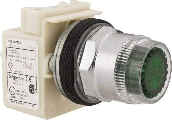 Schneider Electric - 1.18 Inch Mount Hole, Extended Straight, Pushbutton Switch Only - Round, Green Pushbutton, Illuminated, Momentary (MO), Weatherproof, Dust and Oil Resistant - Americas Industrial Supply
