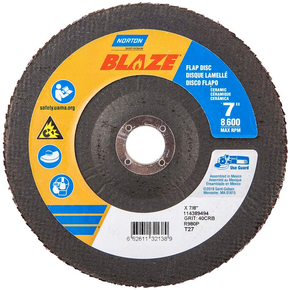 Norton - 7" 40 Grit 7/8" Center Hole Type 27 Ceramic Alumina Flap Disc - Americas Industrial Supply