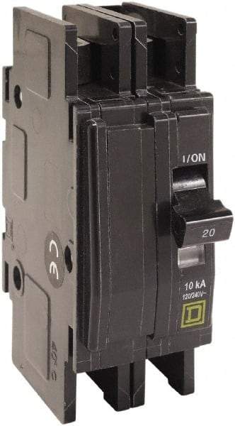 Square D - 20 Amp, 120/240 VAC, 2 Pole, DIN Rail Mounted, Flush Mount, Surface Mount Miniature Circuit Breaker - Thermal Magnetic Trip, 10 kA at 120/240 VAC Breaking Capacity, 14-2 (Aluminum), 14-2 (Copper) AWG, 74mm Deep x 103mm High x 19mm Wide - Americas Industrial Supply