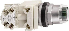 Schneider Electric - 1.22 Inch Mount Hole, Flush, Pushbutton Switch with Contact Block - Round, Amber Pushbutton, Illuminated, Momentary (MO), Dusttight, Oiltight, Watertight and Shock and Vibration Resistant - Americas Industrial Supply