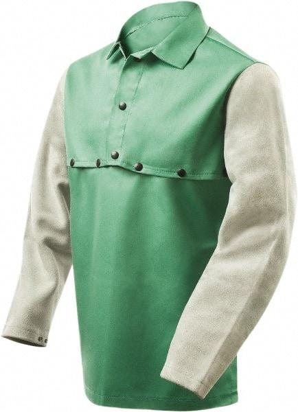 Steiner - Size 4XL, 19" Long, Flame Resistant, Cape Sleeves & Bib - Cotton & Leather, 9 oz, Green & Gray - Americas Industrial Supply