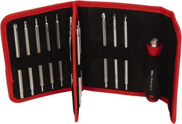 Wiha - 15 Piece, 4mm Drive Screwdriver Insert Torx Bit Set - #1 to #2 Phillips, 2 to 6mm Hex, T6 to T40 Torx, 3.5 to 4.5 & 5.5 to 6.5mm Slotted - Americas Industrial Supply