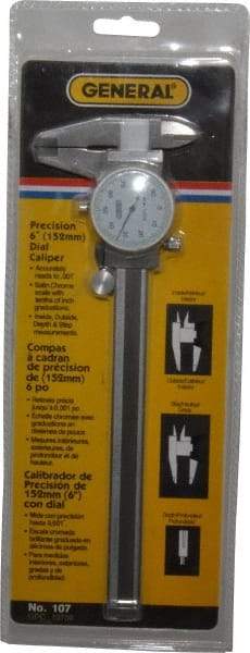 General - 0mm to 6" Range, 0.001" Graduation, 0.1" per Revolution, Dial Caliper - White Face, 1.57" Jaw Length - Americas Industrial Supply