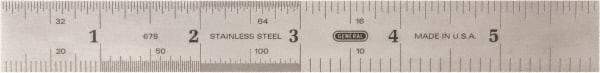 General - 6" Long, 1/100, 1/64, 1/50, 1/32, 1/20, 1/16, 1/10, 1/8" and 0.5, 1mm Graduation, Rigid Stainless Steel Rule - 4R & English/Metric Graduation Style, 3/4" Wide, Silver, Polished Finish - Americas Industrial Supply