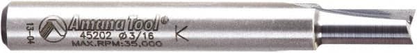 Amana Tool - 3/16" Diam, 1/4" Shank Diam, 7/16" Length of Cut, 2 Flute Straight Plunge Router Bit - 2" Overall Length, Solid Carbide - Americas Industrial Supply
