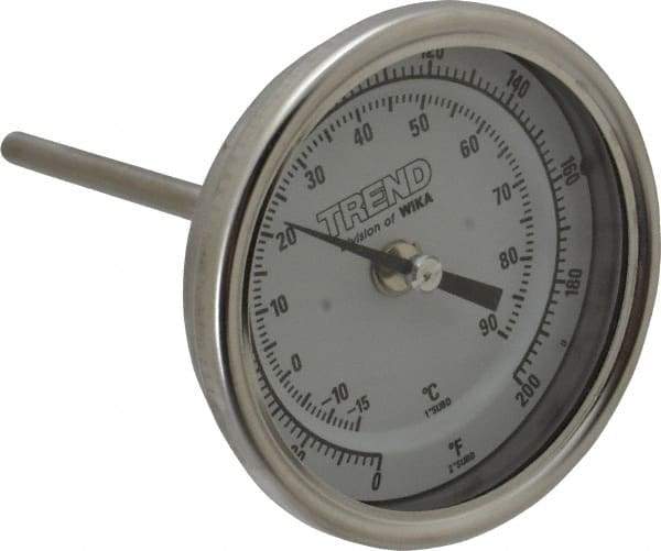 Wika - 4 Inch Long Stem, 3 Inch Dial Diameter, Stainless Steel, Back Connected Bi-Metal Thermometer - -15 to 90°C, 1% Accuracy - Americas Industrial Supply