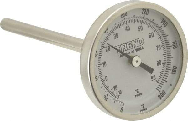 Wika - 4 Inch Long Stem, 2 Inch Dial Diameter, Stainless Steel, Back Connected Bi-Metal Thermometer - -15 to 90°C, 1% Accuracy - Americas Industrial Supply