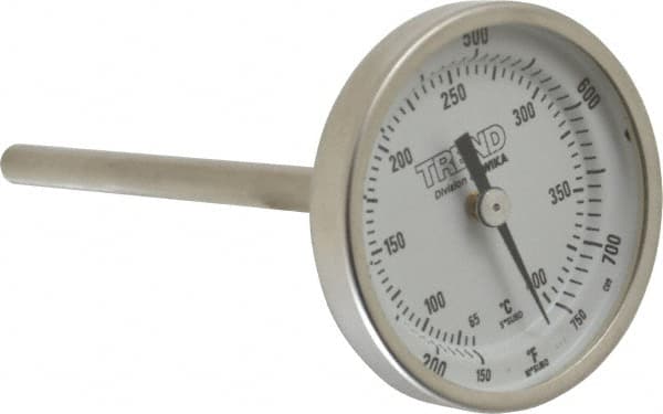 Wika - 4 Inch Long Stem, 2 Inch Dial Diameter, Stainless Steel, Back Connected Bi-Metal Thermometer - 65 to 400°C, 1% Accuracy - Americas Industrial Supply