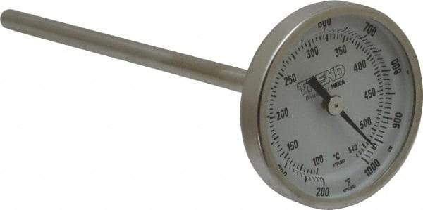Wika - 6 Inch Long Stem, 2 Inch Dial Diameter, Stainless Steel, Back Connected Bi-Metal Thermometer - 100 to 540°C, 1% Accuracy - Americas Industrial Supply