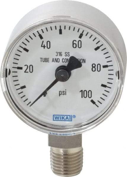 Wika - 2" Dial, 1/4 Thread, 0-100 Scale Range, Pressure Gauge - Lower Connection Mount, Accurate to 2.5% of Scale - Americas Industrial Supply