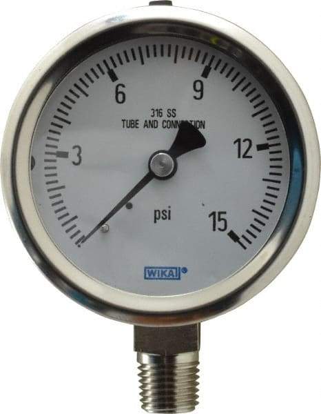 Wika - 2-1/2" Dial, 1/4 Thread, 0-15 Scale Range, Pressure Gauge - Lower Connection Mount, Accurate to 1.5% of Scale - Americas Industrial Supply