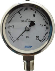 Wika - 2-1/2" Dial, 1/4 Thread, 0-15 Scale Range, Pressure Gauge - Lower Connection Mount, Accurate to 1.5% of Scale - Americas Industrial Supply