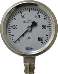 Wika - 2-1/2" Dial, 1/4 Thread, 0-100 Scale Range, Pressure Gauge - Lower Connection Mount, Accurate to 1.5% of Scale - Americas Industrial Supply