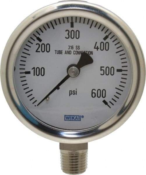 Wika - 2-1/2" Dial, 1/4 Thread, 0-600 Scale Range, Pressure Gauge - Lower Connection Mount, Accurate to 1.5% of Scale - Americas Industrial Supply