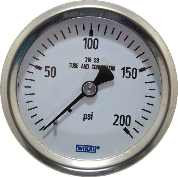 Wika - 2-1/2" Dial, 1/4 Thread, 0-200 Scale Range, Pressure Gauge - Center Back Connection Mount, Accurate to 1.5% of Scale - Americas Industrial Supply