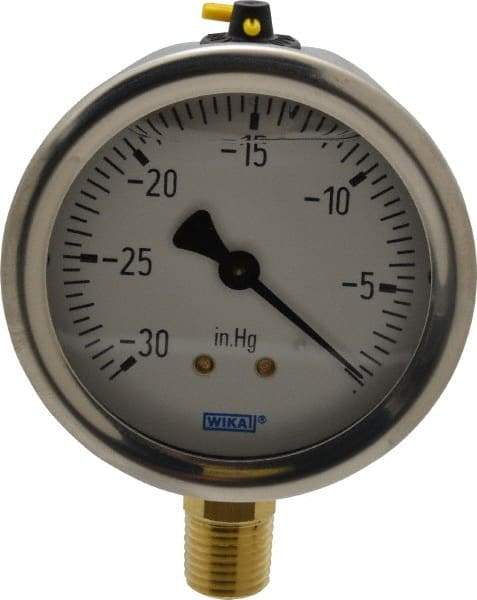 Wika - 2-1/2" Dial, 1/4 Thread, 30-0 Scale Range, Pressure Gauge - Lower Connection Mount, Accurate to 1.5% of Scale - Americas Industrial Supply