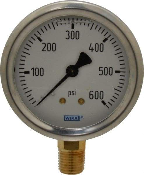 Wika - 2-1/2" Dial, 1/4 Thread, 0-600 Scale Range, Pressure Gauge - Lower Connection Mount, Accurate to 1.5% of Scale - Americas Industrial Supply
